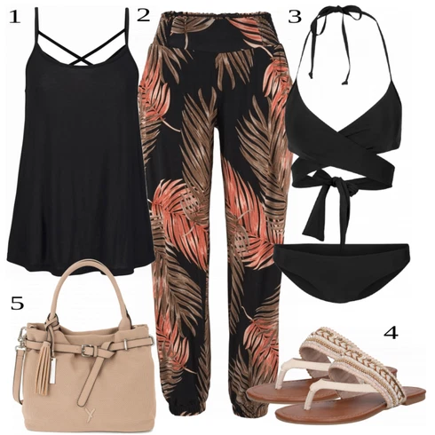Kombinace Béžová/Zelená/Oranžová Kalhoty s Peřím/Kalhoty s Potiskem Lascana kombinovat s Černá/Hnědá Top Halenka Bez Rukávů/Dlouhý Top/Top Se Špagetovými Ramínky Lascana