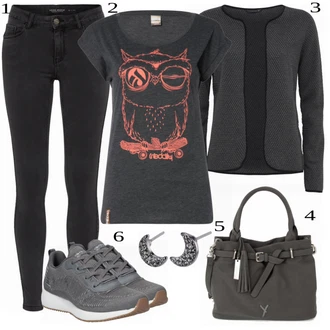 Ležérní outfity Kate s Tmavě šedá/Světle šedá/Šedá Tričko/Jednoduchý top/Tričko s vodopádovým výstřihem/Funkční tričko/Pletené tričko/Dlouhý top/Muskulární Tričko/Tričko nadměrné velikosti/Zavinovací Tričko/Dlouhá košile Iriedaily "Ulice Styl Outfit"