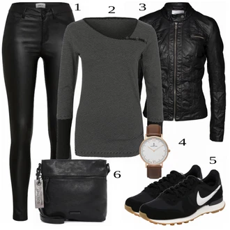 Stojáček Outfit s Černá/Červená Motorkářské Bund/Kožené Bund/Motorkářská bunda/Bunda z Umělé Kůže Only "Ulice Styl Outfit"