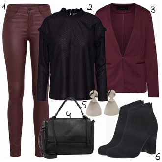 Outfit s Tmavě červená/Vínová/Fialová/Růžová Kožená bunda/Kotníková Bota/Motorkářské Džíny/Capri Džíny/Zkrácené Džíny/Džíny s Rozparkem/Slim Fit Džíny/Kožené Boty/Termální Džíny/Kožená Pánská Bund Vila "Styl"