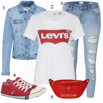 Outfity na festival 90tá léta s Fialová/Zelená/Bílá/Modrá/Červená Ležérní top/Tričko s potiskem/Těhotenské tričko/Košilový set/Košile s potiskem/Neformální tričko/Fancy tričko/Tričko s krátkým rukávem levi's ® "Outfit na jaro"Look: 80tá léta, Univerzitní, 90tá léta, Cool, Nerd