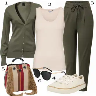 Outfit s Tmavě Zelená/Khaki/Zelená Pletenina veľkej veľkosti/Halenka a Tunika/Halenka Móda Pro Plnoštíhlou/Kalhoty Veľké Veľkosti/Tričko & Top Móda Pro Plnoštíhlé Heine "Stylový outfit na jaro"