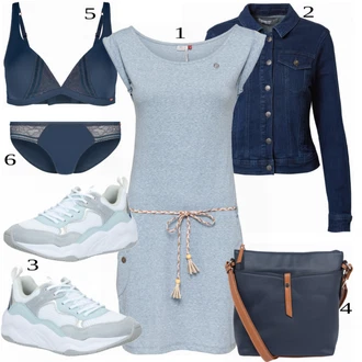 Výstřih kolem krku Outfit s Modrá/Šedá Žerzejové Šaty/Šaty Móda Pro Plnoštíhlou/Šaty s výstřihem/Letní Kabát Ragwear "Módní letní vzhled"