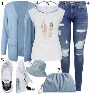 Outfit s Modrá Dlouhá tylová sukně/Džíny/Zvonová Kalhoty/Kožená bunda/Dlouhé Kardigany/Dlouhý Zimní Kabát Only "Praktický vzhled"