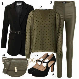 Lesk Outfit s Tmavě zelená/Khaki Kalhoty z Umělé Kůže/Legíny Vinylový Legín/Latexové Legíny/Legíny Kožený Vzhled/Kožený Legíny Object "Příležitostný Business Look"