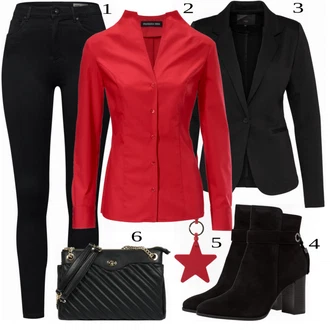 Outfit s Červená/Tmavě červená Halenka Halenkové Body/Žehlení odolná blůza/Halenka Slim Fit/Halenka se Stojatým Límcem/Halenka s Dlouhým Rukávem/Blůza s knoflíčkem/Businessová Halenka Heine "Příležitostný Business Look"