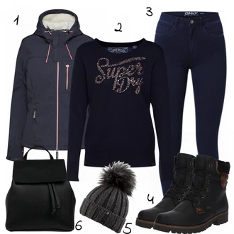 Elegantní Outfit s Tmavě modrá Kožená bunda/Zimní bunda/Kotníková Bota/Termální Džíny/Dámské Džíny s Délkou 7/8/High Waist Džínové Kalhoty/Push up Džín/Kožené Boty Only "Superdry"Look: Styl, Šik, Elegantní, Cool, Disko, Francouzské, Krásný, Old Money, Bezešvé