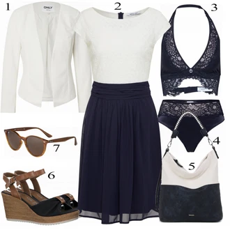 Elegantní Outfit s Bílá/Tmavě modrá/Modrá/Fialová Plisované Šaty/Šaty na Konfirmaci/Ležérní Šaty/2-v-1 šaty/Šaty s Kapsou/Šaty Do Áčka/Občanské šaty/Společenské šaty pro hosta/Midi Šaty About You "Skvělý vzhled pro jaro"Look: Blokování barev, Old Money, 20 léta, 30 léta, Námořní, Kancelář, Univerzitní, Moderní, Elegantní, Krásný