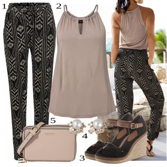 Outfit s Černá/Hnědá/Béžová Kalhoty s Peřím/Kalhoty se Štěrbinou/Tradiční Kalhoty/Pletený Legín/Kalhoty s Potiskem Lascana "Skvělý vzhled pro volný čas"