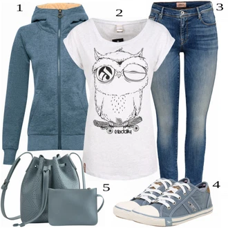 S páskem Dlouhé Outfit s Modrá/Bílá Kožená bunda/High Waist Džínové Kalhoty/Džíny s Rozparkem/Kožené Boty/Slim Fit Džíny/Push up Džín/Džín s Nízkým Pasem/Džíny s Nízkým Sedem Only "Praktický vzhled"