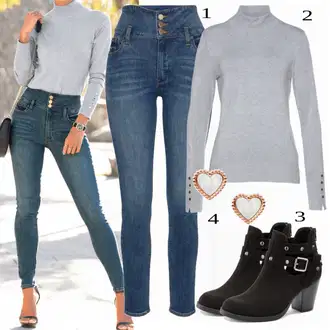 Šik Outfit s Modrá/Světle modrá/Tmavě modrá Džíny Kožená bunda/Push up Džín/Capri Džíny/Navlékací Džíny/Kožené Boty/Zkrácené Džíny/Slim Fit Džíny/Dámské Džíny s Délkou 7/8/Termální Džíny/Kotníková Bota Lascana "Trendový podzimní outfit"Look: Styl, Ležérní, Šik, Cool, Disko, Moderní, Krásný, Old Money
