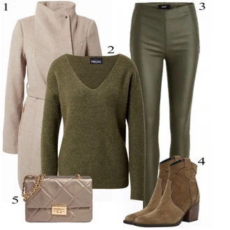 Lesk Outfit s Tmavě zelená/Khaki Kalhoty z Umělé Kůže/Legíny Vinylový Legín/Latexové Legíny/Legíny Kožený Vzhled/Kožený Legíny Object "Podzimní výrazný vzhled"