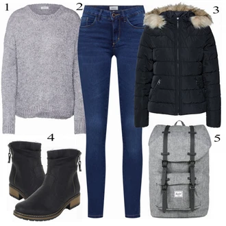 Outfit s Černá Kozačka Kožená bunda/Plochá Kotníková Bota/Kožená kotníková bota/Kotníková Bota s Podšívkou/Zimní kotníková bota/Kozačka se zipem Rieker "Vero Moda Bunda"