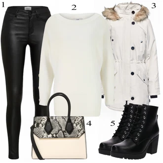 S nýtováním Kůže Outfit s Černá Kozačka Motorkářská bota/Chelsea Boty/Kožená bota/Goodyear welted bota/Business Bota About You "Vero Moda Parka"