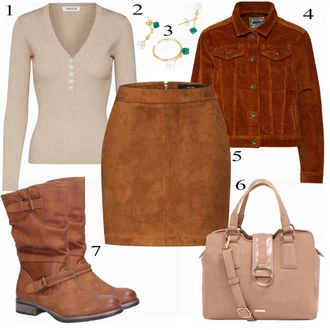 Párty Outfit s Hnědá/Tmavě hnědá Krátká Sukně/Sukně z umělé kůže/Manšestrová Sukně/Kožená MiniSukně/70tá Léta MiniSukně/Kožená Sukně VERO MODA "Vero Moda Rock"Look: Bar, Karneval, Koncert, Festival, Matriční úřad, Párty