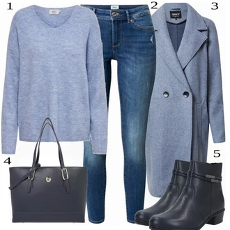Outfit s Světle Modrá/Šedá/Tmavě Modrá/Modrá Přechodový Kabát/Kabát Bouclé/Kašmírový Kabát/Pletený Kabát/Midi Kabát/Vlněný Kabát/Zimní Kabát Vlněný kabát Only "Zimní Ležérní Outfit"
