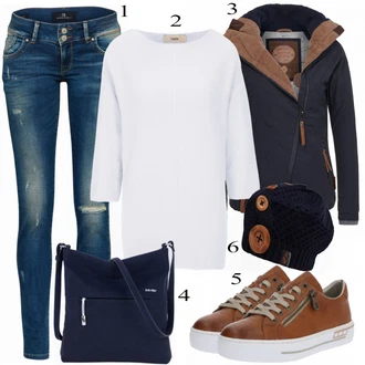 Outfit s Bílá/Růžová/Fialová Kožená bunda/Kotníková Bota/Motorkářské Džíny/Džíny s Rozparkem/Džíny s Dírou/Džíny s Nízkým Sedem/Džín s Nízkým Pasem/Patchworkové Džíny/Slim Fit Džíny/Navlékací džíny/Kožená Pánská Bund LTB "heine Oversizedpullover"