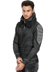 RedBridge Strickpullover mit doppeltem hohen Kragen Dunkelgrau/Schwarz/Grau