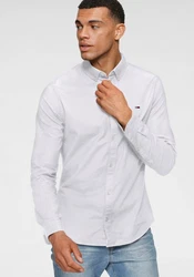 Tommy Jeans Hemd TJM Slim Stretch Oxford Shirt mit Flaglabel auf der Brust Weiß/Creme