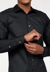 Tommy Jeans Herren Original Stretch Langarm Slim Fit Freizeithemd Schwarz/Dunkelblau