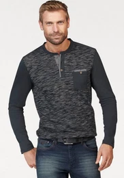 Longsleeve Langarm, melierte Optik, Rundhalsausschnitt mit Knopfleiste