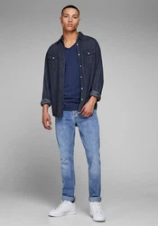 Jack & Jones T-Shirt SLIM-FIT BASIC TEE V-NECK Dunkelblau/Blau