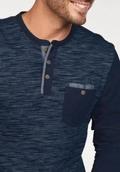Arizona Langarmshirt Langarm Rundhalsausschnitt mit Knopfleiste Dunkelblau/Hellblau
