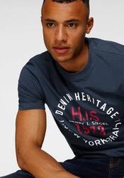 H.I.S Rundhalsshirt schmale Passform mit Print Dunkelblau/Blau/Dunkelgrün