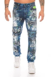 Slim-fit-Jeans Herren Jeans Hose mit ausgefallenem Graffiti Design Aufwendige Verarbeitung mit Nieten und neongrnen Details