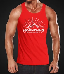 MoonWorks Herren Tanktop The Mountains are Calling and I must go Rot/Türkis/Dunkelrot