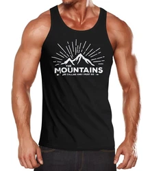 MoonWorks Herren Tanktop The Mountains are Calling and I must go Türkis/Fliederfarben/Schwarz