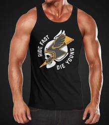 Neverless Tanktop Herren Rocker Biker Spruch Motiv Ride Fast Die Young Flash Blitz Skull Helm Schwarz/Dunkelblau/Blau/Gold