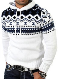 Strickpullover Herren Grobstrick Pullover Norweger Winter Kapuzenpullover (1-tlg) Strickpullover Mnner Norwegermuster mit Kapuze