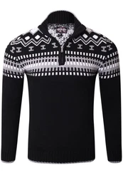 Reslad Herren Strickpullover Crewneck Zipper Norweger Pullover RS-3110 Schwarz
