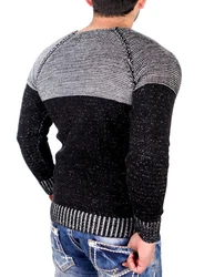 Reslad Strickpullover Herren Two Tone Rundhals Pullover RS-16081 Dunkelblau/Dunkelgrau/Grau/Schwarz