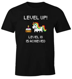 Print-Shirt Herren T-Shirt Geburtstag Level Up Pixel-Einhorn Torte Retro Gamer Pixelgrafik Geschenk Arcade Fun-Shirt mit Print