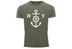 Neverless Print-Shirt Herren T-Shirt Anker mit Steuerrad Dunkelblau/Dunkelgrün