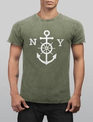 Neverless Print-Shirt Herren T-Shirt Anker mit Steuerrad Dunkelblau/Dunkelgrün