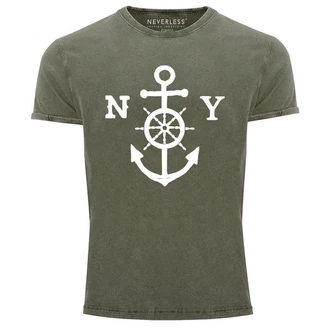 Neverless Print-Shirt Herren T-Shirt Anker mit Steuerrad Dunkelblau/Dunkelgrün Neverless Print-Shirt Herren T-Shirt Anker mit Steuerrad Dunkelblau/Dunkelgrün