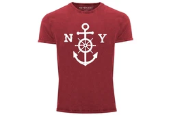 Neverless Print-Shirt Herren T-Shirt Anker mit Steuerrad Dunkelblau/Rot/Dunkelrot/Rosa