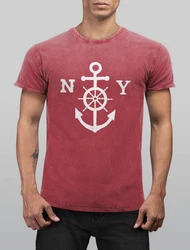 Neverless Print-Shirt Herren T-Shirt Anker mit Steuerrad Dunkelblau/Rot/Dunkelrot/Rosa
