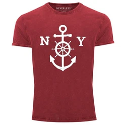 Neverless Print-Shirt Herren T-Shirt Anker mit Steuerrad Dunkelblau/Rot/Dunkelrot/Rosa