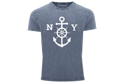 Neverless Print-Shirt Herren T-Shirt Anker mit Steuerrad Dunkelblau/Blau