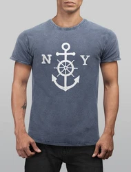 Neverless Print-Shirt Herren T-Shirt Anker mit Steuerrad Dunkelblau/Blau