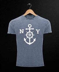 Neverless Print-Shirt Herren T-Shirt Anker mit Steuerrad Dunkelblau/Blau