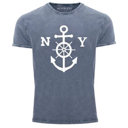 Neverless Print-Shirt Herren T-Shirt Anker mit Steuerrad Dunkelblau/Blau