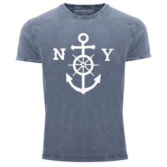 Neverless Print-Shirt Herren T-Shirt Anker mit Steuerrad Dunkelblau/Blau