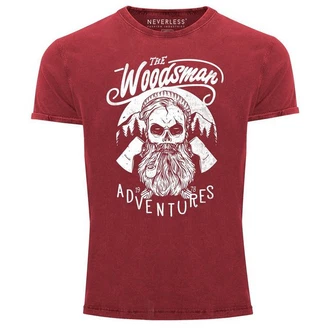 Neverless Print-Shirt Cooles Angesagtes Herren T-Shirt Vintage Shirt Lumberjack Woodsman Dunkelrot/Rosa/Bordeaux