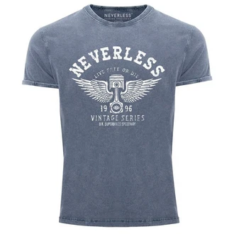 Neverless Print-Shirt Herren T-Shirt Retro Auto Kolben Blau