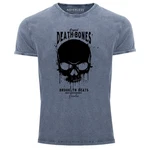 Neverless Print-Shirt Herren T-Shirt Vintage Shirt Printshirt Skull Death and Bones Totenkopf Club Outfit Used Look Slim Fit mit Print Blau/Dunkelblau/Grau